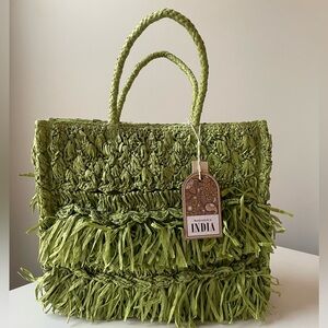 NWT Handcrafted in India Paper Fringe Tote Bag